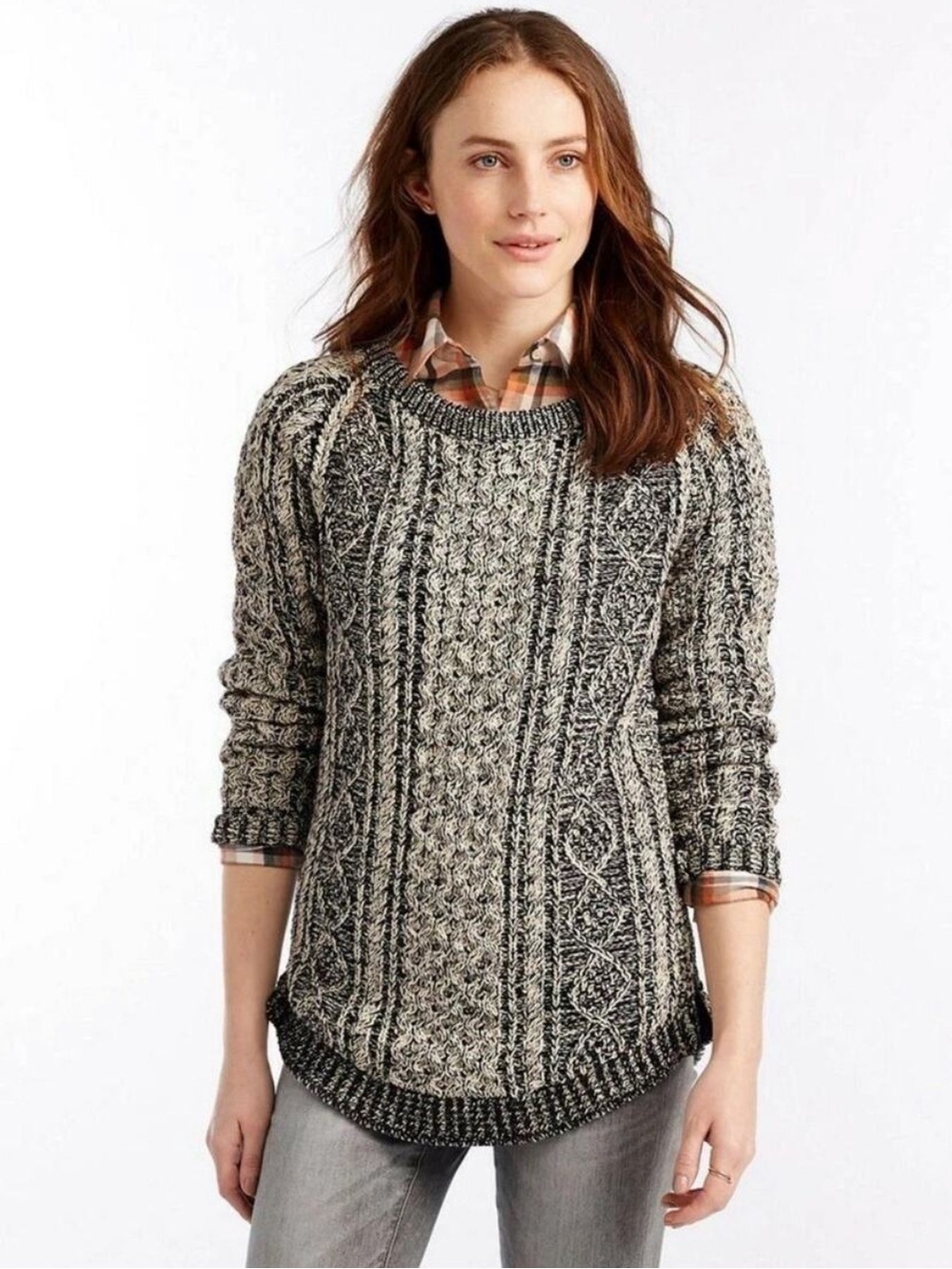 L.L. Bean Marled Black and Cream Cable Knit Scoop Neck Sweater